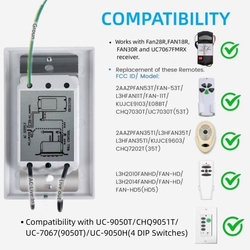 53T Universal Ceiling Fan Wall Remote Control, 3 Speed, Light Dimmer,Dip Switch Compatible with Hampton Bay Harbor Breeze Hunter(Wall Control(no Included Receiver)) - Image 2